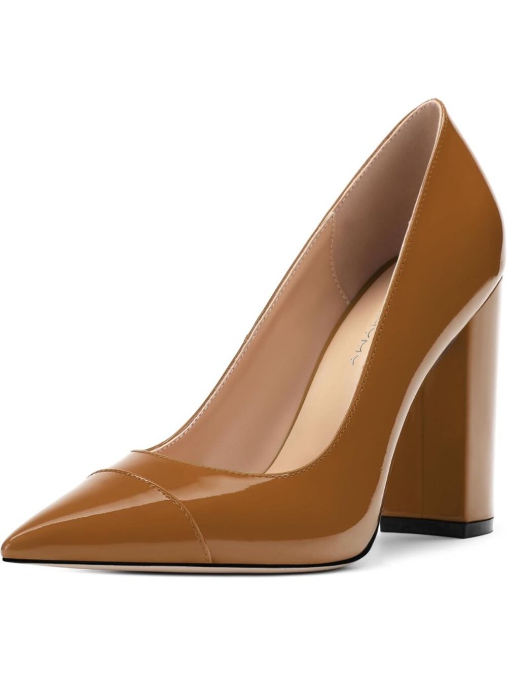 Women's Brown Patent Pump Pointed Toe High Heel Fashion Shoes Block Heel 3.9"